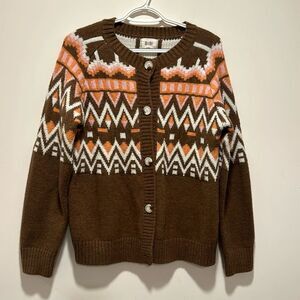 Super soft BiBi cardigann sweater with geometric design. Brown and melon. Size L